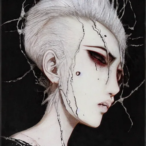 Image similar to yoshitaka amano realistic illustration of an anime girl with white hair and cracks on her face wearing dress suit with tie fluttering in the wind, abstract black and white patterns on the background, noisy film grain effect, highly detailed, renaissance oil painting, weird portrait angle