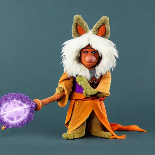 Image similar to dungeons and dragons foxfolk wizard druid as a chibi muppet plush wearing a wizard cloak and holding a staff with an amethyst at the top, photorealistic, photography, national geographic, sesame street