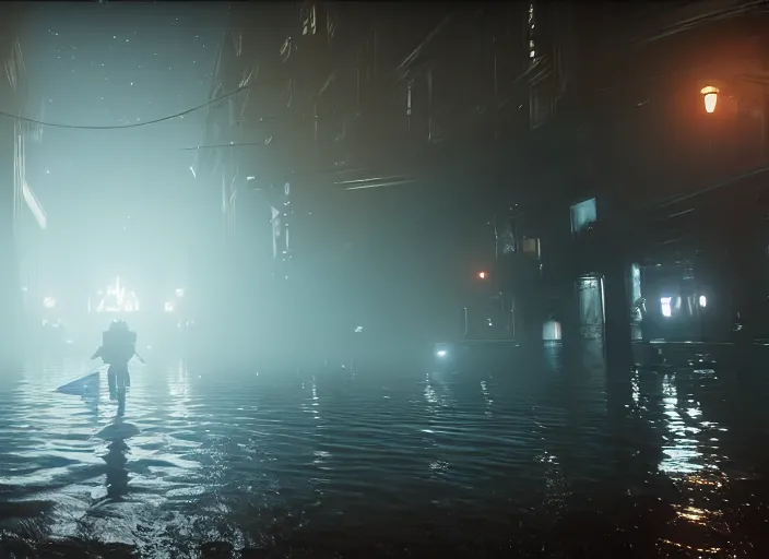 Image similar to 4 k 6 0 fps in - game destiny 2 gameplay showcase, dark, misty, foggy, flooded, rainy new york city swamp street in destiny 2, liminal, dark, dystopian, large creatures in distance, abandoned, highly detailed