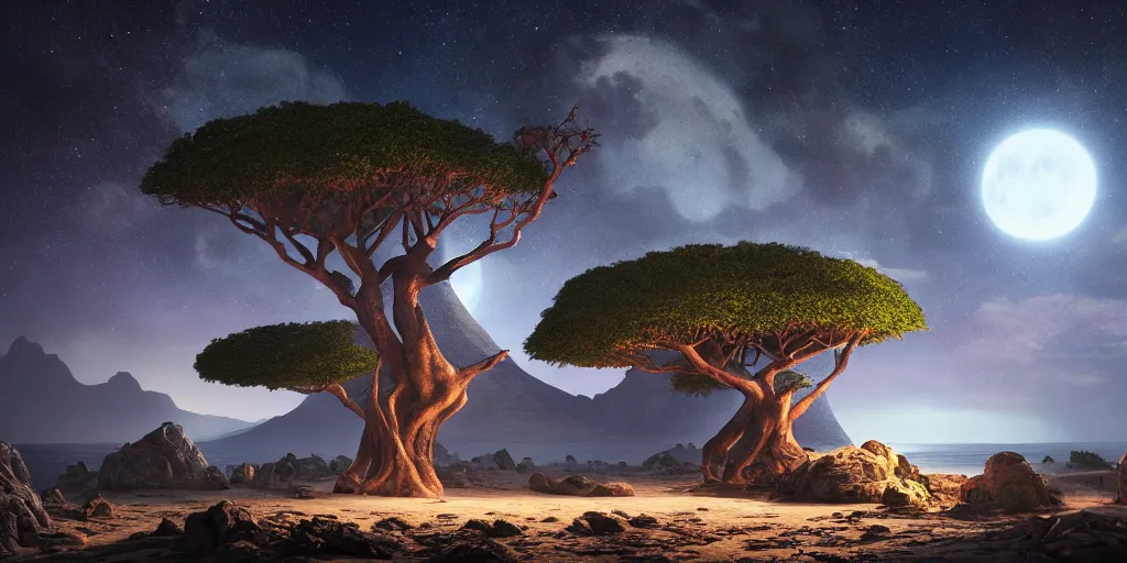 Prompt: moonfall in socotra island with dragon trees, starry night, sharp focus, wide shot, trending on artstation, masterpiece, by greg rutkowski, by ross tran, by fenghua zhong, octane, soft render, ultrarealistic, colorful, cinematic, shadow of the tomb rider