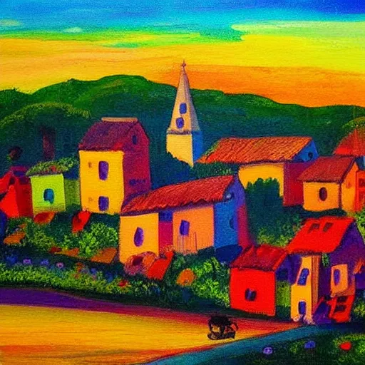 Prompt: colorful painting of a village witnessing sunset