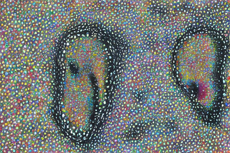 Image similar to teeth, smile, faceless people, black figures, dark, acrylic, clay, dots abstract, dripping, stipple, pointillism, technical, abstract, minimal, style of francis bacon, asymmetry, pulled apart, stretch, cloak, eerie, made of dots, abstraction chemicals, blotter, mask, colored dots, splotch, old painting style