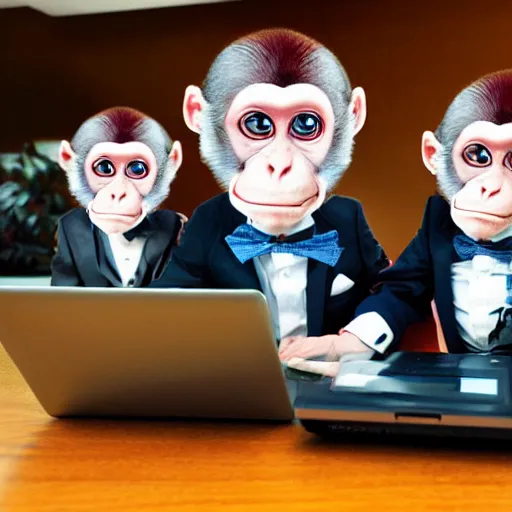 Image similar to 5 monkeys in suits using computers