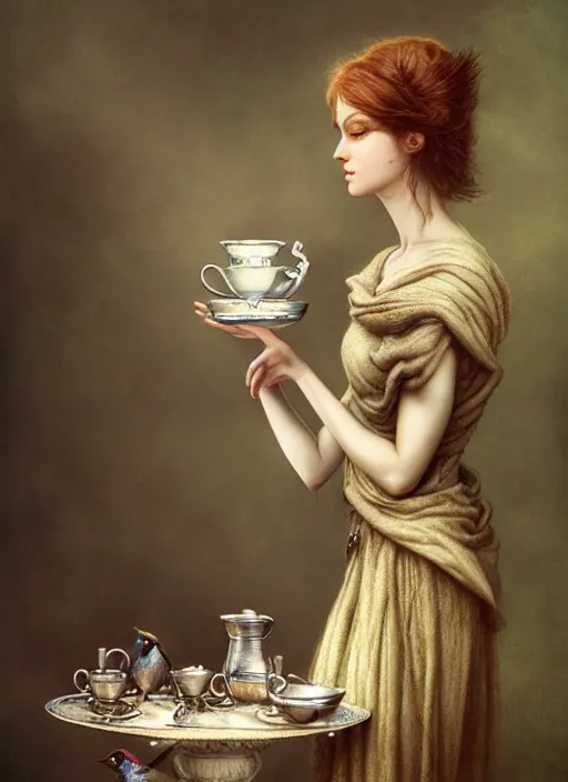 Image similar to a bird holds a cup of tea in its hands, hyperrealism, no blur, 4 k resolution, ultra detailed, style of tyler edlin, tom bagshaw, arthur rackham, ivan shishkin