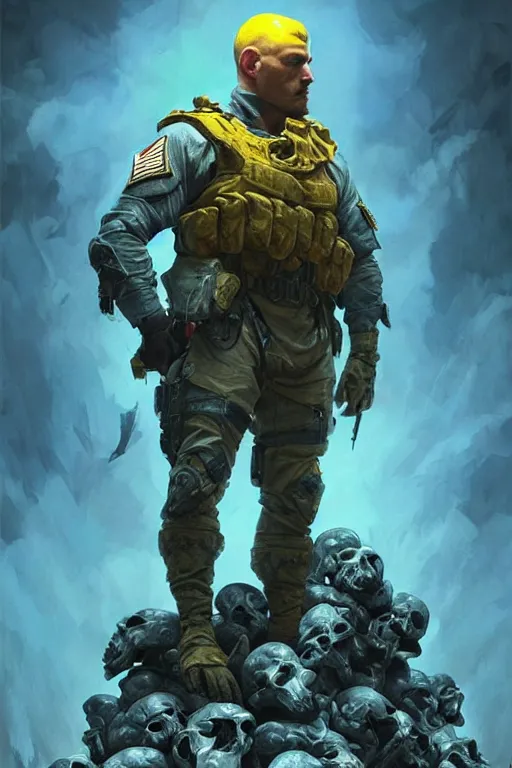 Prompt: special forces soldier with ukrainian blue yellow flag standing on a pile of skulls as a winner, masculine figure, d & d, fantasy, bright atmosphere, volumetric lights, intricate, elegant, extremely detailed, digital painting, artstation, concept art, matte, smooth, sharp focus, hyper realistic, illustration, art by artgerm and greg rutkowski and alphonse mucha