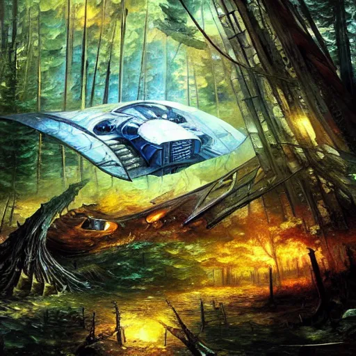 Image similar to crashed spaceship in forest cryengine render by android jones, james christensen, rob gonsalves, leonid afremov and tim white