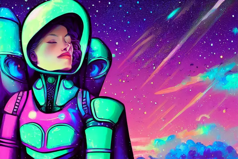 Image similar to digital art of a beautiful princess wearing suit of armor looking up at the stars, acrylic art, universe, painting, pastel colors, synthwave, retro, cyberpunk,