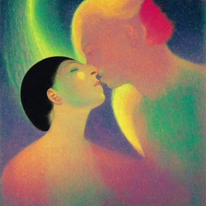 Prompt: close portrait of woman and man kissing. aurora borealis. iridescent, vivid psychedelic colors. painting by fra angelico, agnes pelton, utamaro, monet