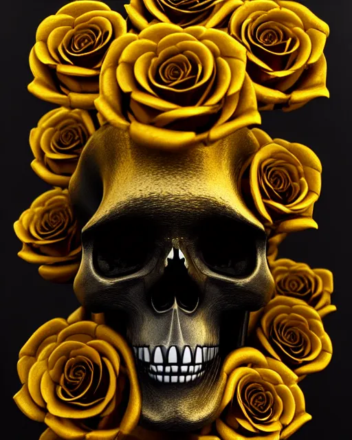 Prompt: detailed 3 d cycles render of a black dark skull skeleton with golden roses growing out of ribcage darkly elegant digital skull art by billelis and beeple