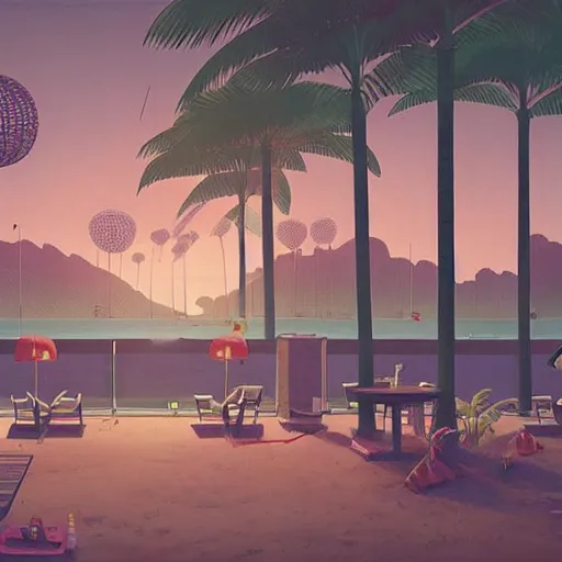 Image similar to inside restaurant at the beach with palm trees by simon stalenhag