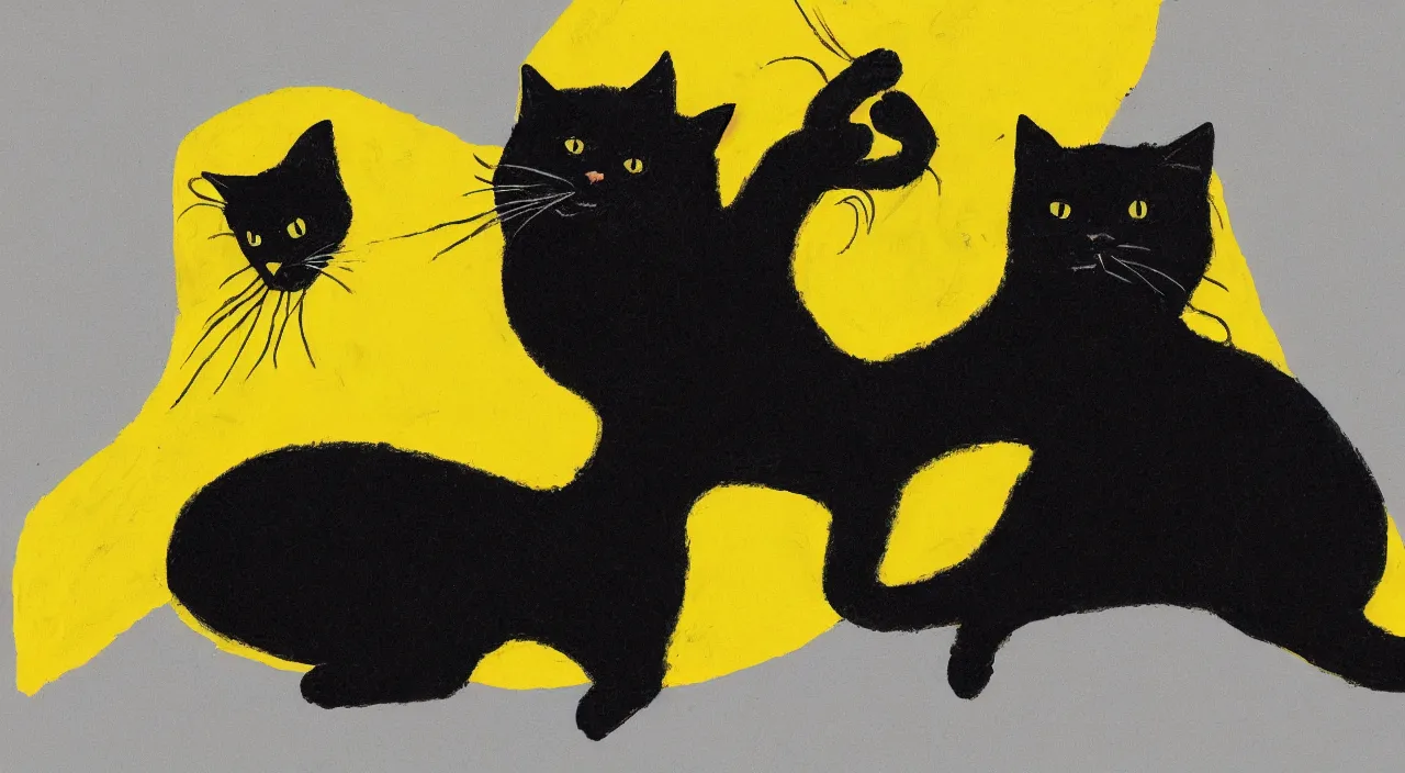 Prompt: a big black cat wearing a yellow raincoat, cat is standing on his back feet