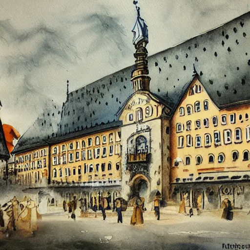Prompt: munich royal beer hall. watercolor painting by hitler.