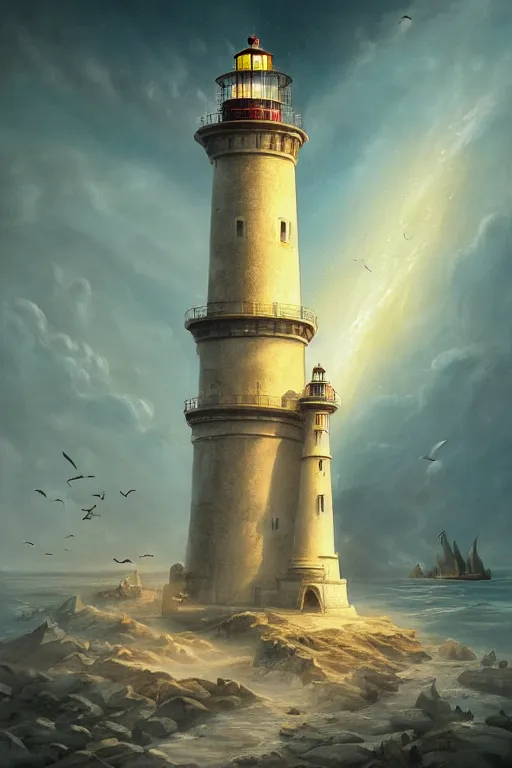 Prompt: Detailed Exterior Shot of The Glorious Lighthouse of Alexandria, light of god, light shafts, flock of birds, stunning atmosphere, in Style of Peter Mohrbacher, cinematic lighting