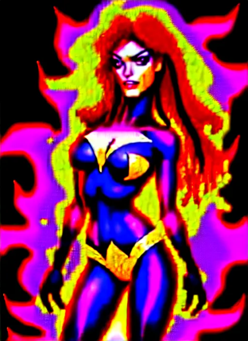 Image similar to front portrait hands behinds pose of attractive Starfire with ginger wavy hair, hands behind her pose!, Intricate overlay flames imagery , D&D!, fantasy style, sharp focus!, ultra detailed, art by Artgerm and Peter Andrew Jones, WLUP