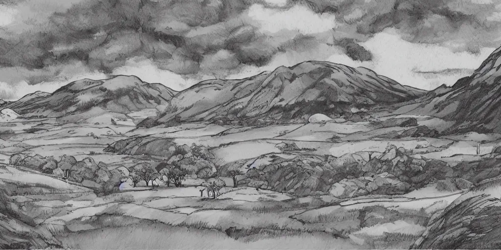 Image similar to Landscape illustration of the Scottish Highlands in the style of Studio Ghibli