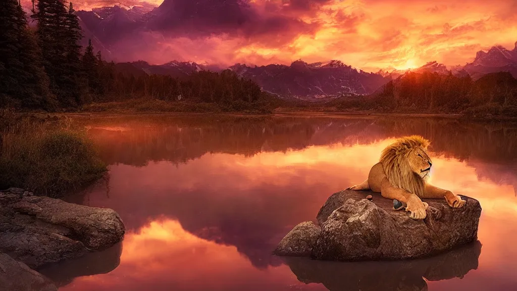 Prompt: amazing landscape photo of a lion bathing in a lake in sunset by marc adamus, beautiful dramatic lighting