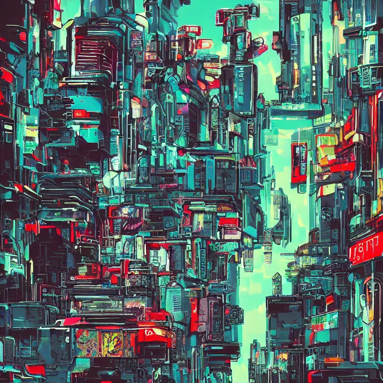 Image similar to Street-art painting or cyberpunk city in style of soviet retro futurism