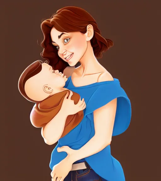 Prompt: a mother with short shoulder length dark auburn hair, short and curvy and a slightly chubby face holding her infant son with short brown hair full color digital illustration in the style of don bluth, artgerm, artstation trending, 4 k