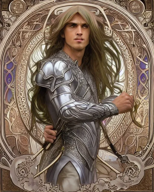 Prompt: pretty elven man, long hair, tan skin, fantasy, light silver armor, super detailed, very ornate, by alphonse mucha, artgerm, magali villeneuve, symmetrical face, 8 k, sharp focus, illustration