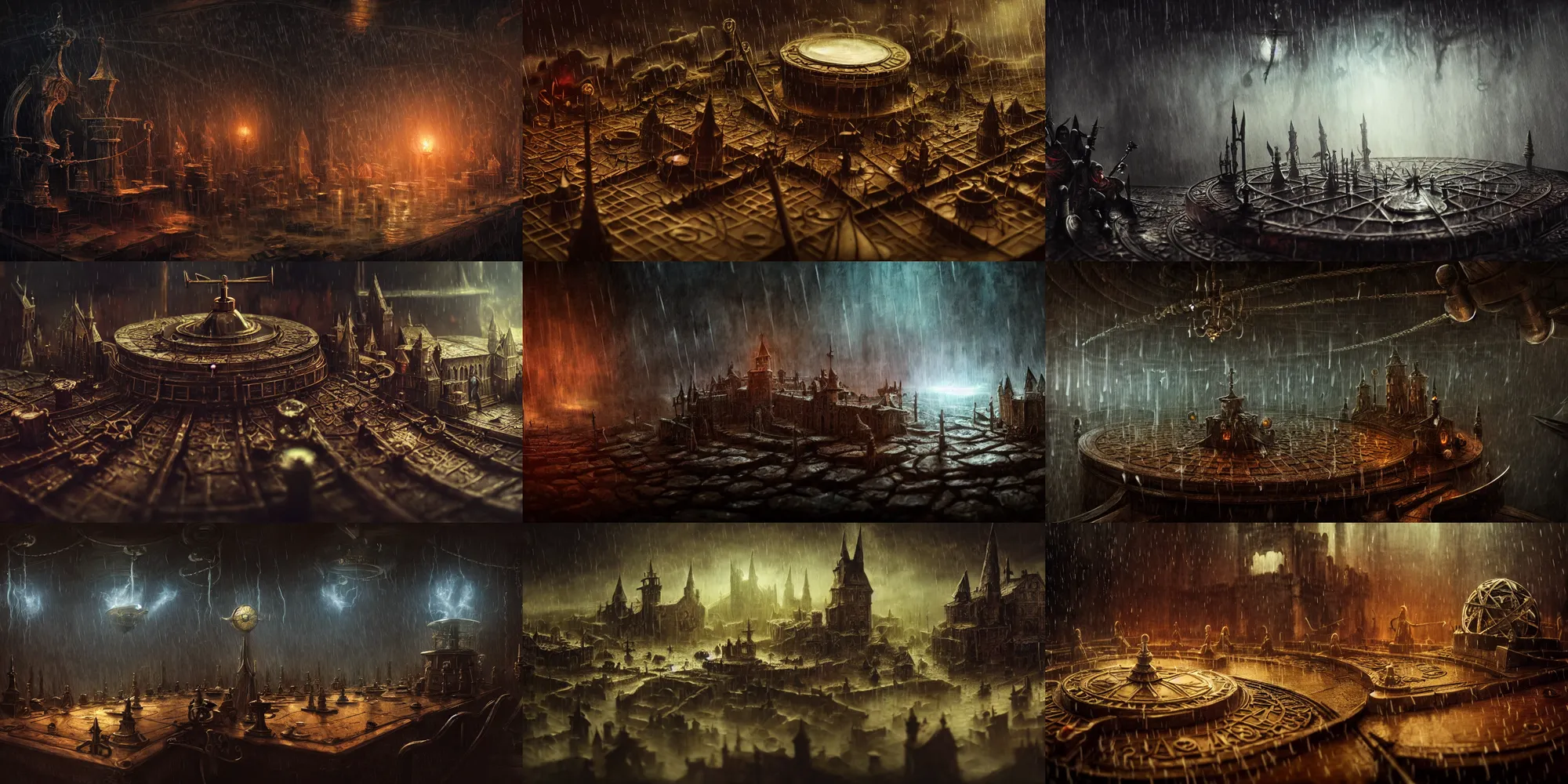 Prompt: cinematic interior close - up battle scene, lighting, sorcery magic witch battle, medieval castle orrery of terror, rain, storm, fog, illustration, highly detailed, digital painting, concept art, matte, 8 k movie still, masterpiece