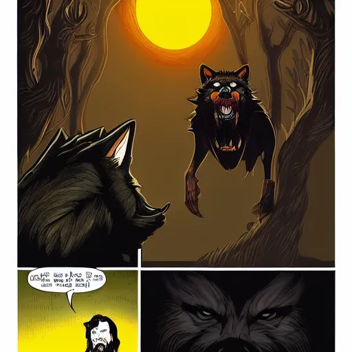 Image similar to Style Tim Jacobus and Rafael Albuquerque:: werewolf with big claws symmetrical face, long snout, big sharp teeth, yellow eyes, fully detailed face:: attacking a man in the woods:: night time, full mood, fog, realistic, scary, horror, full body