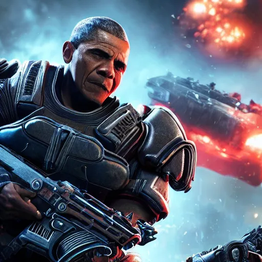 Prompt: barrack obama in gears of war battlefield 5, detailed face, splash art, movie still, cinematic lighting, dramatic, octane render, long lens, shallow depth of field, bokeh, anamorphic lens flare, 8 k, hyper detailed, 3 5 mm film grain