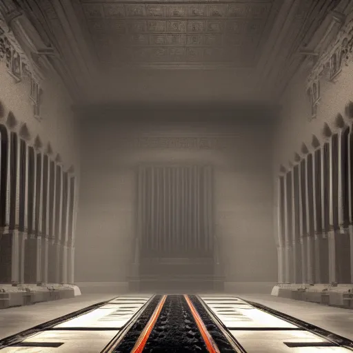 Image similar to Digital art of the throne room Imperial matte finish, ominous dramatic wide angle, god rays