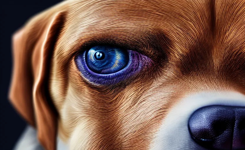 Image similar to ultra detailed close up facial portrait of a dog, extremely detailed, mystical colors, rim light, beautiful lighting, 8 k, stunning scene, raytracing, octane, trending on artstation