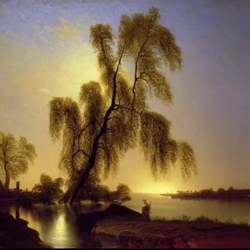 Image similar to oil painting of a willow tree next to a raging river by albert bierstadt, beautiful lighting - h 7 0 4