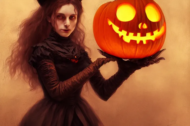 Image similar to portrait of a ghoulish victorian witch holding a jack - o - lantern, halloween night, charlie bowater, artgerm, ilya kuvshinov, krenz cushart, ruan jia, realism, ultra detailed, 8 k resolution