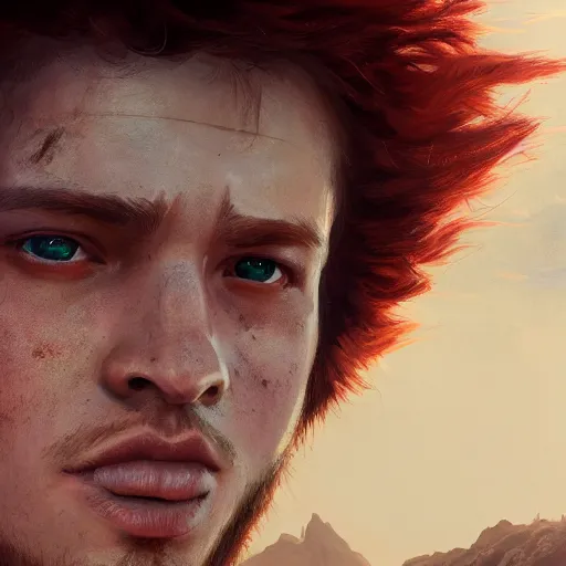 Prompt: masterpiece closeup portrait of a young man with short red hair and green eyes, wearing adventuring gear, by Greg Rutkowski, 4k, masterpiece, cinematic, dungeons and dragons, detailed