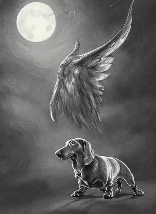 Image similar to a dachshund with angle wings, dark colors, moon in the background, sinister atmosphere, dramatic lighting, cinematic, establishing shot, extremely high detail, photo realistic, cinematic lighting, pen and ink, intricate line drawings, by Yoshitaka Amano, Ruan Jia, Kentaro Miura, Artgerm, post processed, concept art, artstation, matte painting, style by eddie mendoza, raphael lacoste, alex ross