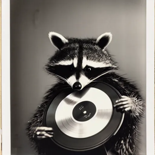 Image similar to close - up, photo of a humanoid raccoon wearing a hoodie, holding a vinyl record, 9 0 - s, polaroid photo, by warhol,