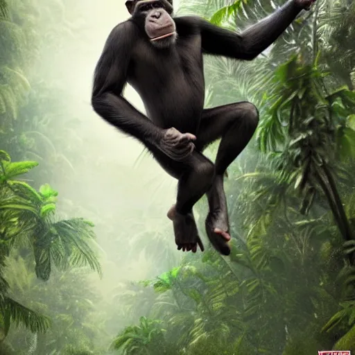 Image similar to Angry Chimpanzee Jumping, Epic Jump, Cinematic Photo, Cinematic Shot, Jungle, Foliage Boris Vallejo, Epic, 8k resolution, ArtStation, Hyperrealistic