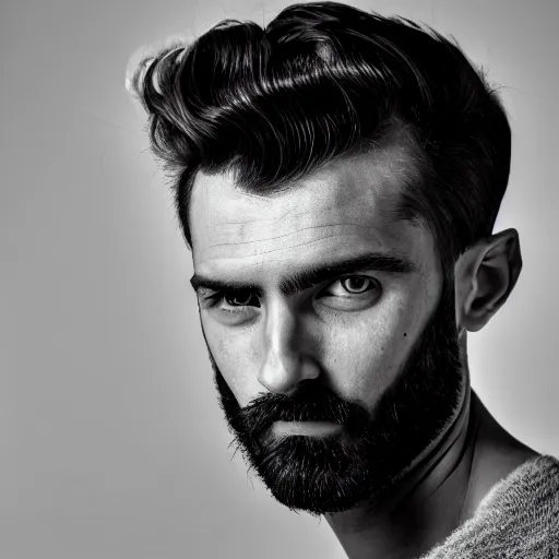 Prompt: black and white close - up portrait shot, studio photograph of a male symmetrical handsome andrea belluci the painter artist, casual clothes, smirking, intricate, elegant, highly detailed, hyper realistic, dark background, flickr, smooth, 4 k, 3 0 0 dpi, sharp focus, shot by canon