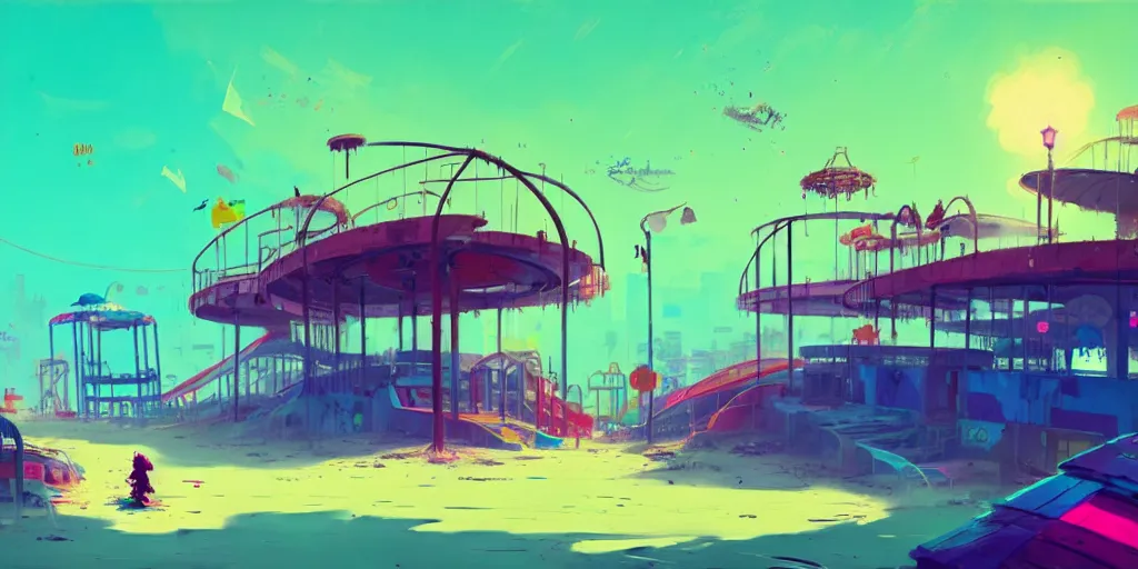 Image similar to concept art of a polluted beachfront with a broken pier and abandoned amusement park attractions, grimy, gritty, trending on artstation, award winning painting, cgi, art by anton fadeev and john howe and simon stalenhag