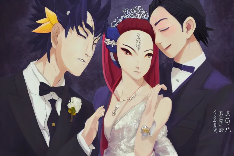 Image similar to a cinematic portrait of wedding photograph jpeg close up moment of a divine a japan sun god and moon goddess lovers magician at a wedding banquet. portraiture. digital painting. artstation. concept art. wedding photo. digital painting. naruto the movie art masterpiece by art by krenz cushart