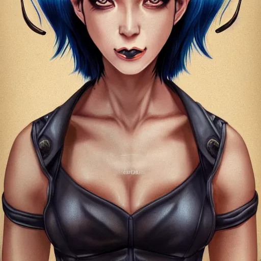 Image similar to illustrated realistic portrait of swept-back prong-horned devil woman with blue bob hairstyle and her tan colored skin and with solid black eyes wearing leather by rossdraws