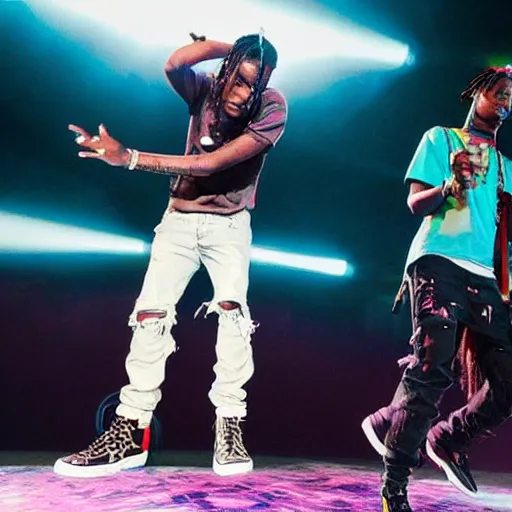 Prompt: travis scott doing a fortnite dance in astroworld concert,