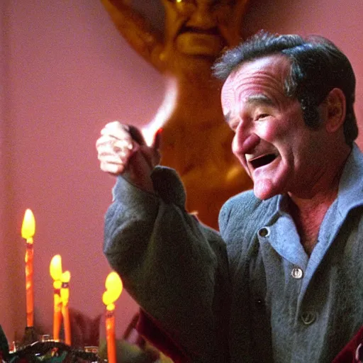 Prompt: robin williams makes the devil laugh, sinister lair, creepy hellscape, the devil os played by bill murray, saturated red skin, horns, photo