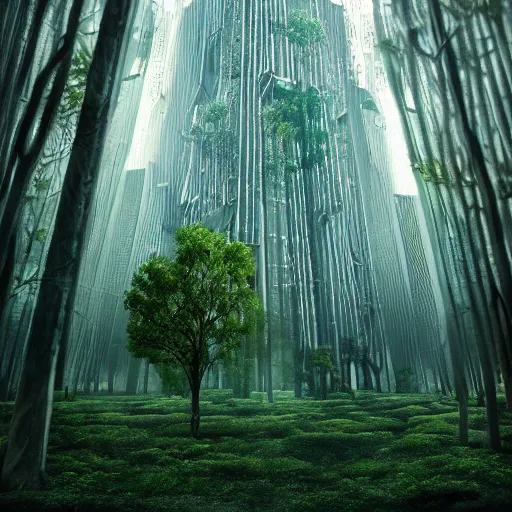 Image similar to a forest surrounded by futuristic city