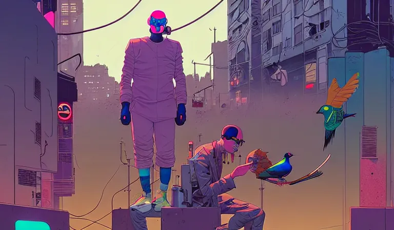 Prompt: cyborg feeding electric pigeons at a dirty crowded streetcorner, cyberpunk, by Josan Gonzalez and Tomer Hanuka and Moebius and Brad Rigney, bokh, dof