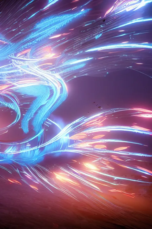 Image similar to thin swirling tribal light streaks and ornate flowing feather light streams and smooth particle effects, unreal engine