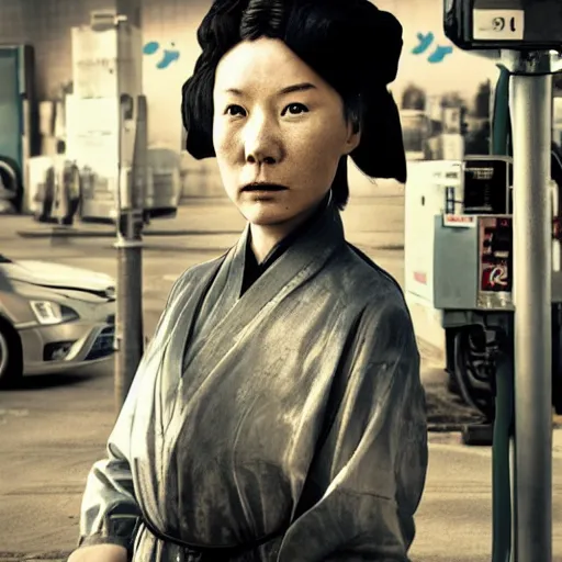 Prompt: a chinese woman at a gas station, 3 dcg, metal gear solid, morrowind, portrait, street photography, by mario testino, davide sorrenti, jemal shabazz