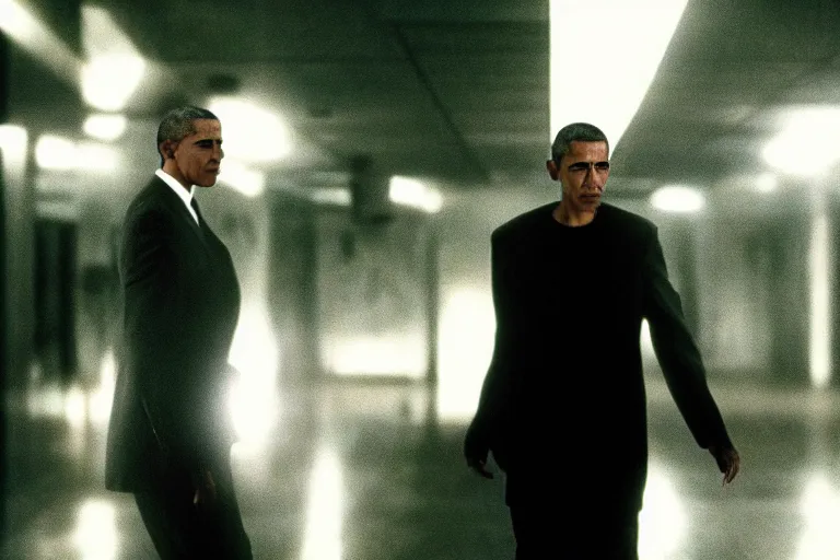 Prompt: a film still of Barack Obama in The Matrix (1999), dramatic lighting