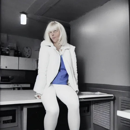 Prompt: Platinum-blonde-haired hime-cut blue-eyed 23-year-old French empress wearing white leggings, black jacket, boots, sitting in public housing apartment, futuristic gadgets, plain room, 8mm photo