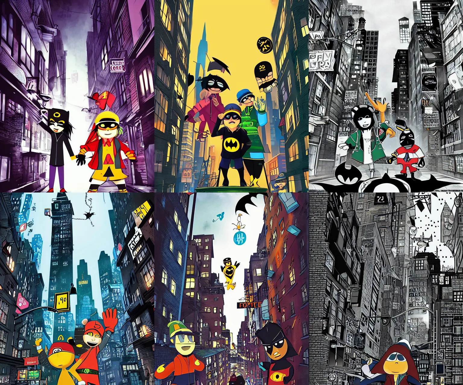 Prompt: Parappa the Rapper and Batman in Crime Alley, Gotham City. Full height poster, high-quality comic book style artwork.