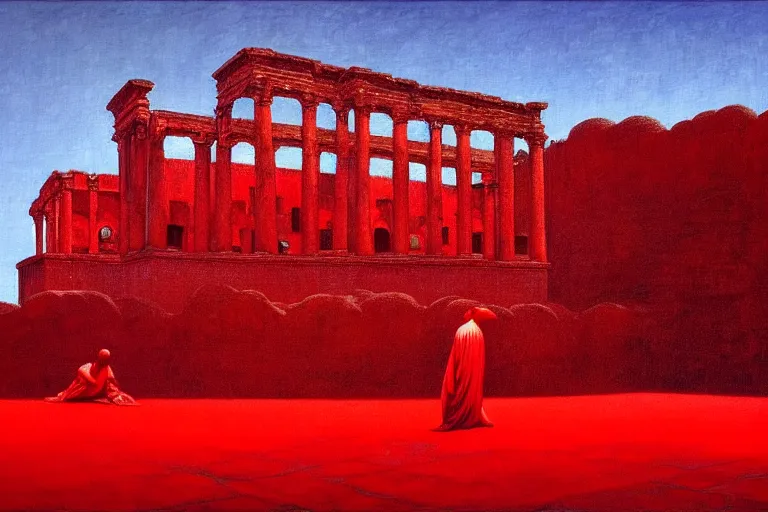 Image similar to only with red, a red melted emperor, taormina amphitheatre, crowd hails him happy, in the style of beksinski, parts by edward hopper, parts by rodcenko, parts by yue minjun, intricate and epic composition, red by caravaggio, insanely quality, highly detailed, masterpiece, red light, artstation, 4 k