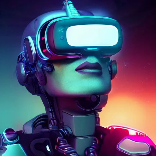 Prompt: cyberpunk concept cyborg bot, cinema 4 d, galaxy, ufo, space sci - fi, wearing vr goggles, illustration, portrait, pastel neon textured background night, trending on artstation, greg rutkowski, octane rendered, 1 2 k, detailed,