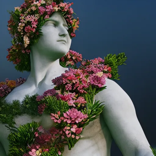 Prompt: a marble statue covered in flowers, full frame, cinematic light , unreal engine,
